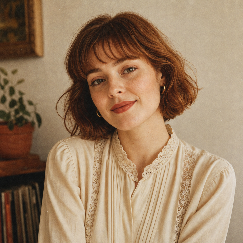 Portrait of a woman with short auburn hair wearing a cream blouse