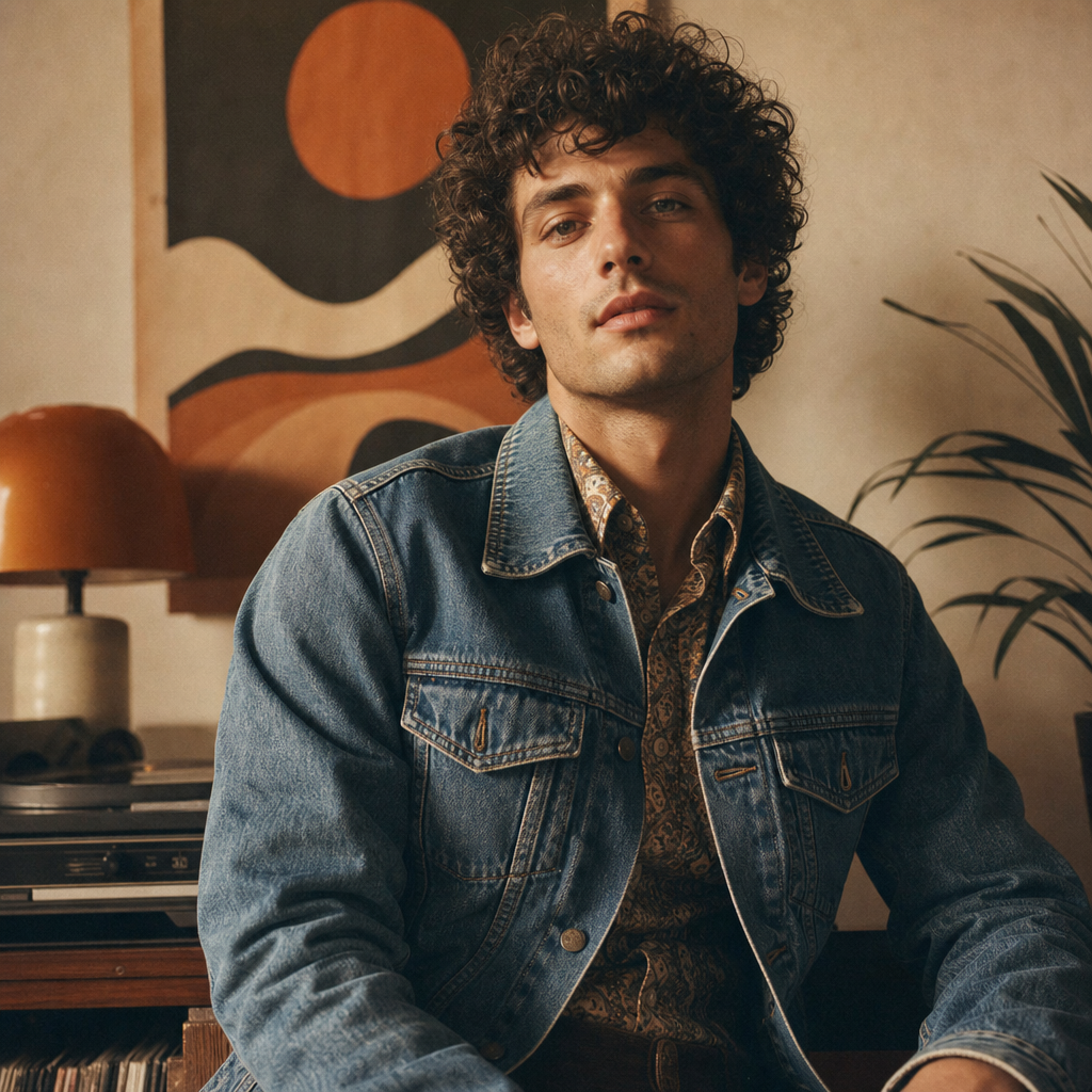 Portrait of a man with curly dark hair in a vintage denim jacket