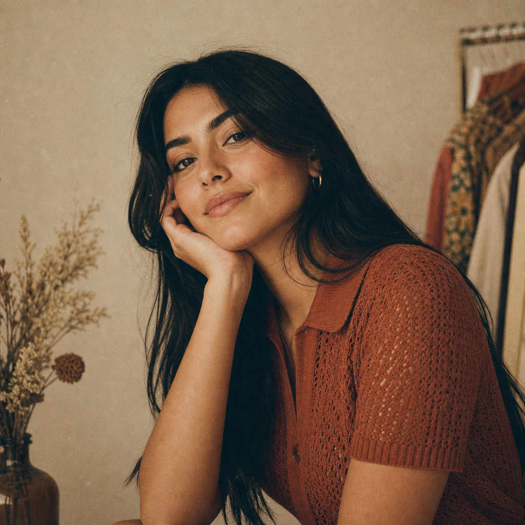 Portrait of a woman with long black hair wearing a terracotta knit top