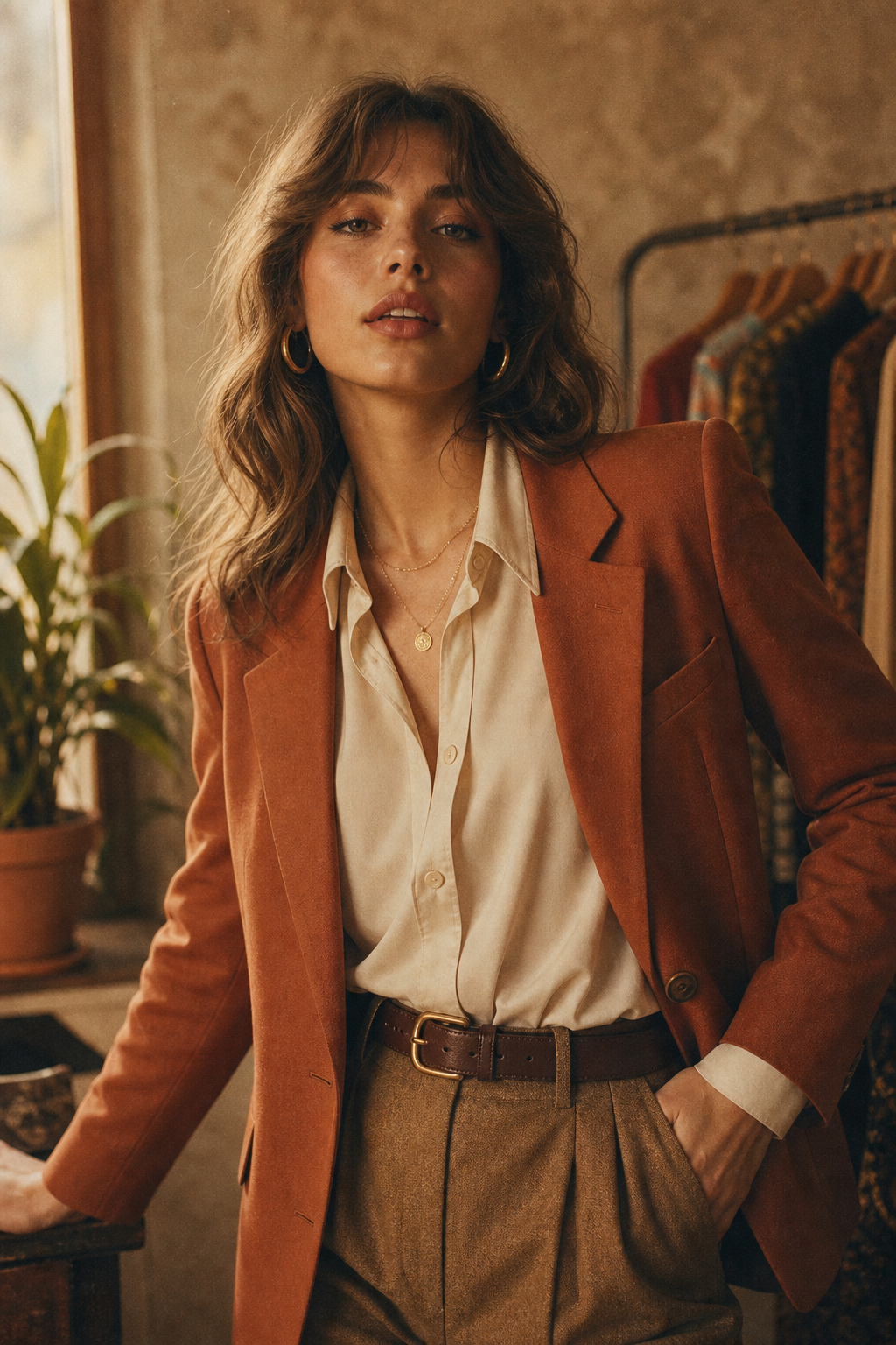 Editorial film-style portrait of a vintage model in a terracotta blazer and cream blouse