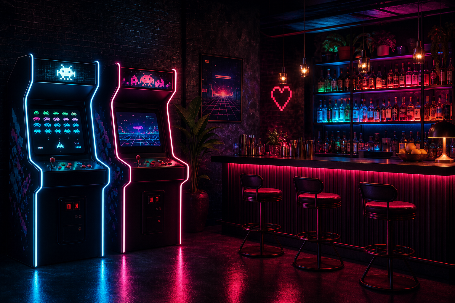 Stylish retro arcade corner with neon cabinets, glowing cocktail bar shelves, and moody lounge lighting