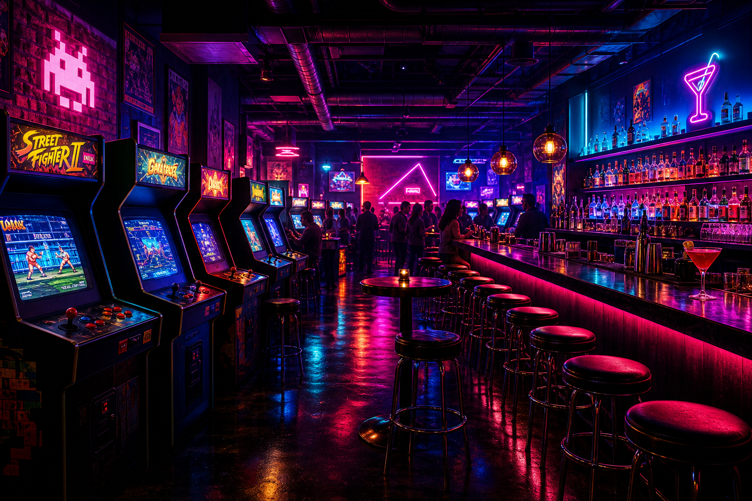 Moody retro arcade bar interior with glowing game cabinets, illuminated cocktail bar, and magenta-cyan neon ambience
