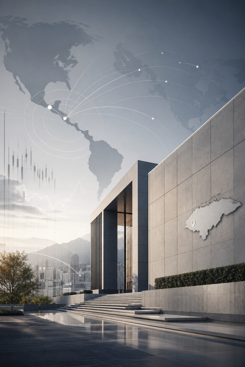 Abstract architectural and global market composition symbolizing LVG's origin and international momentum