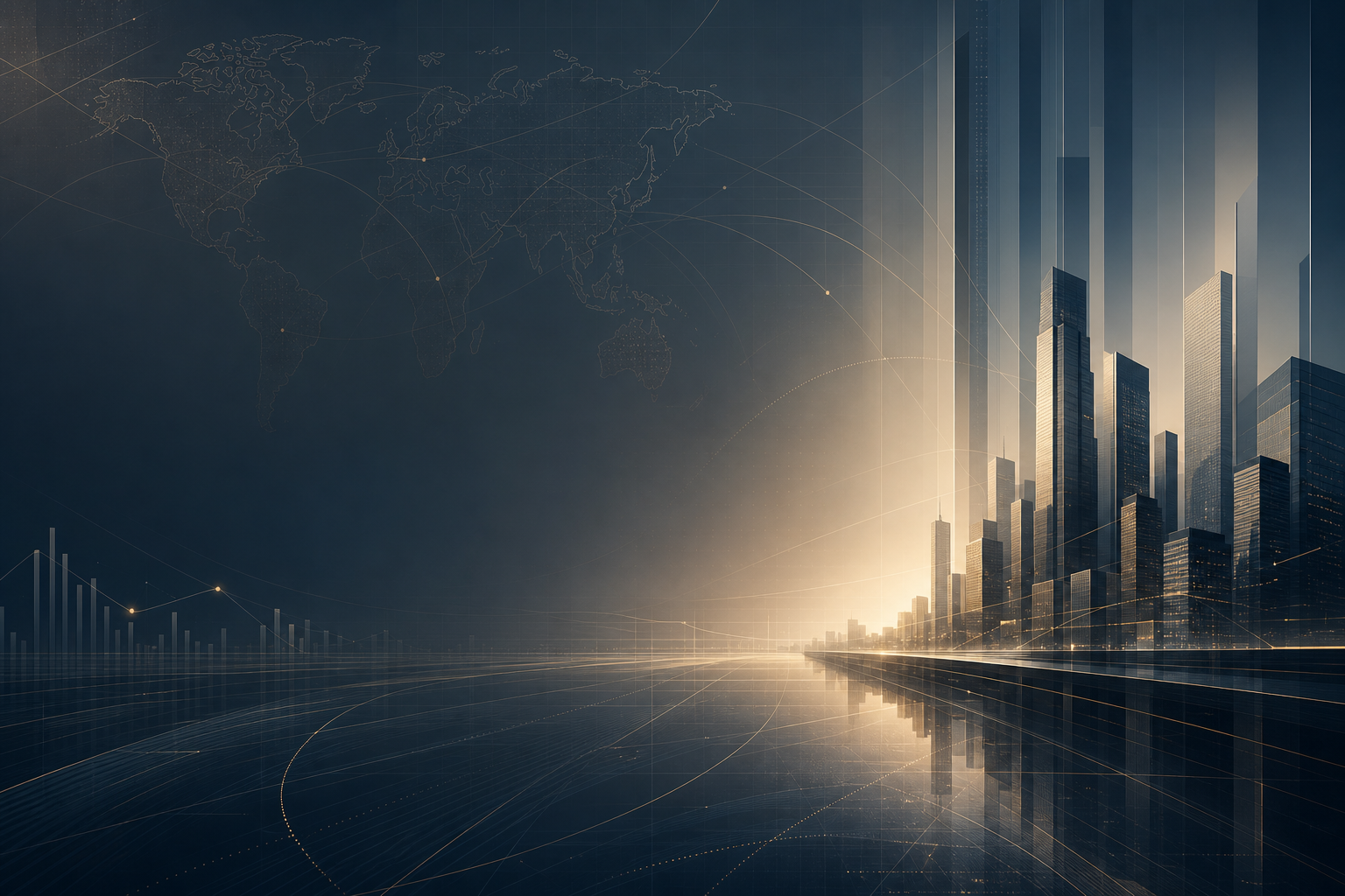 Refined abstract financial-architectural composition with world-market linework and skyline-inspired forms