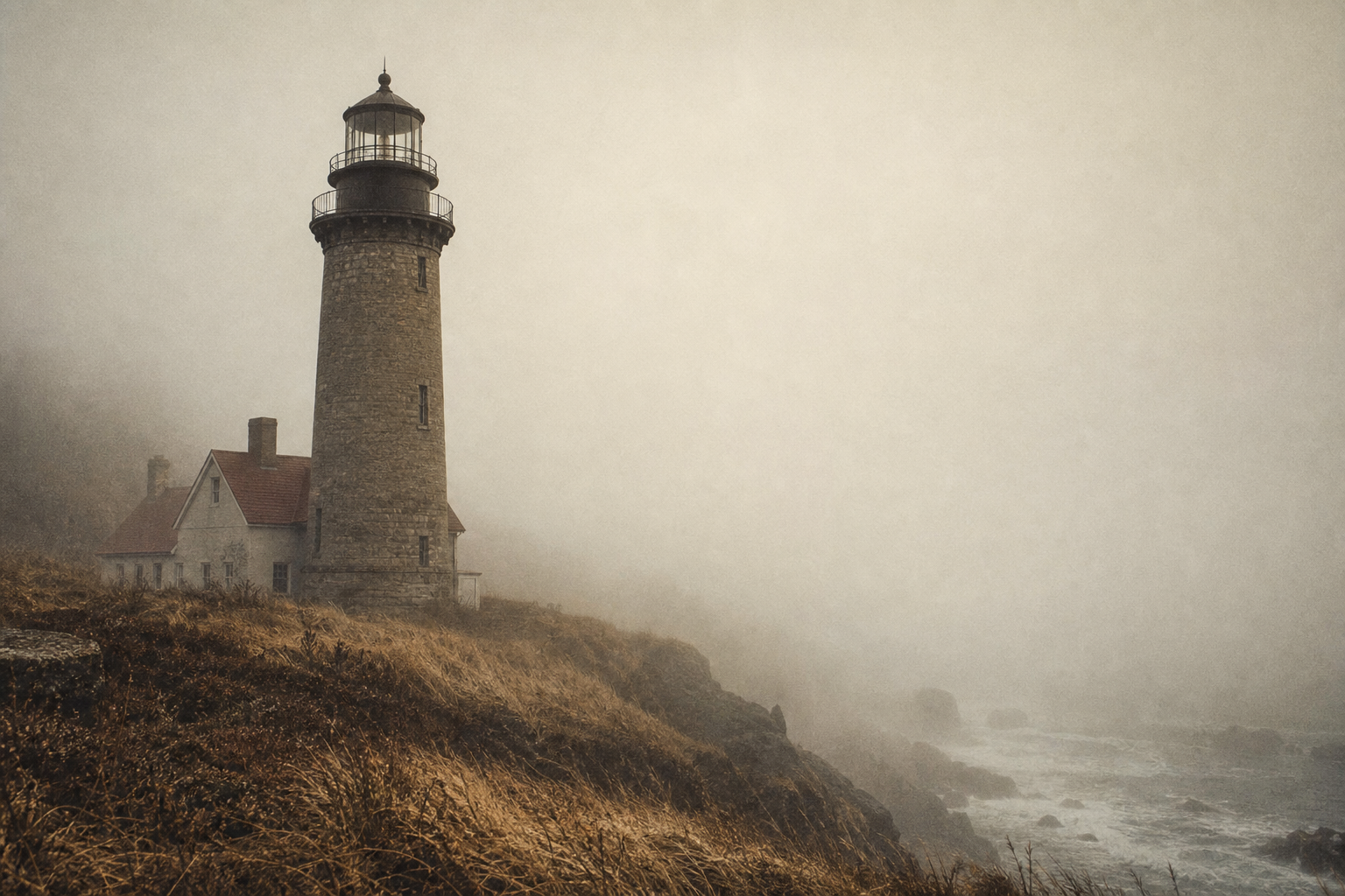 Lighthouse on a fogbound northern headland with dim shoreline grasses and heavy sea mist