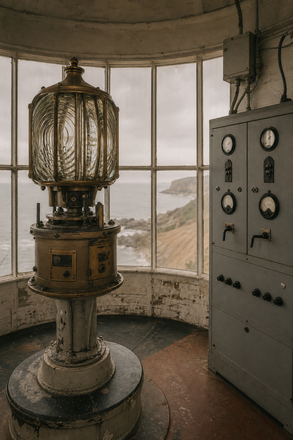 Quiet archival interior of a lighthouse lamp room with electric control cabinet beside an older brass lamp assembly