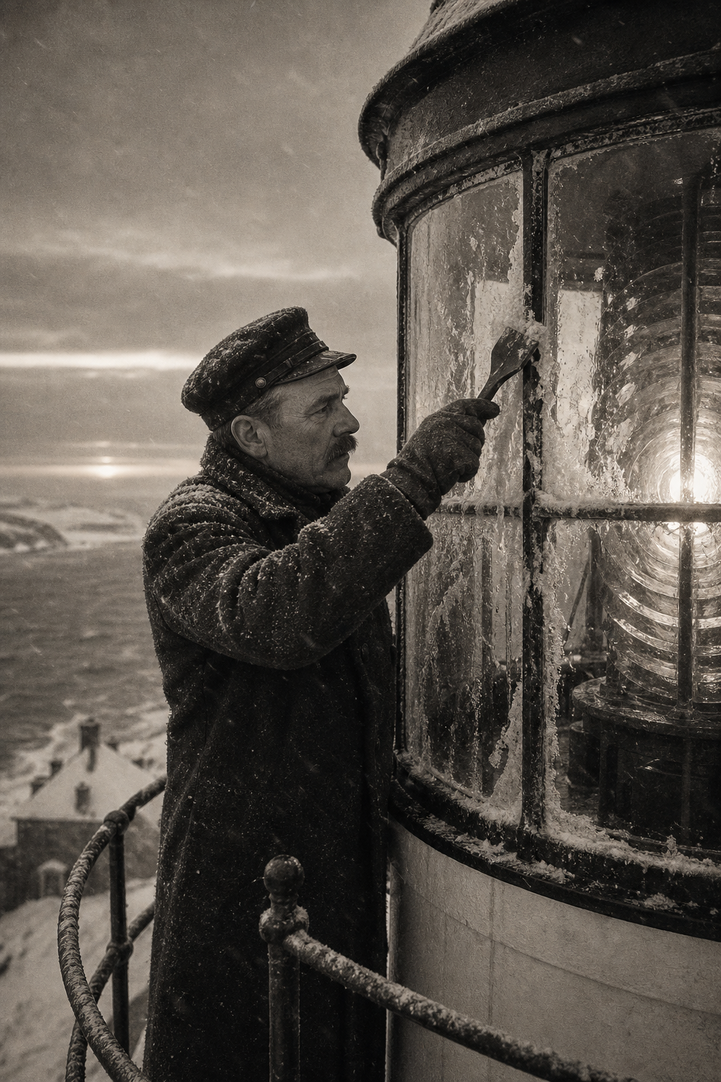 Portrait-style archival scene of a lighthouse keeper clearing ice from lantern glass before dawn in windblown winter weather