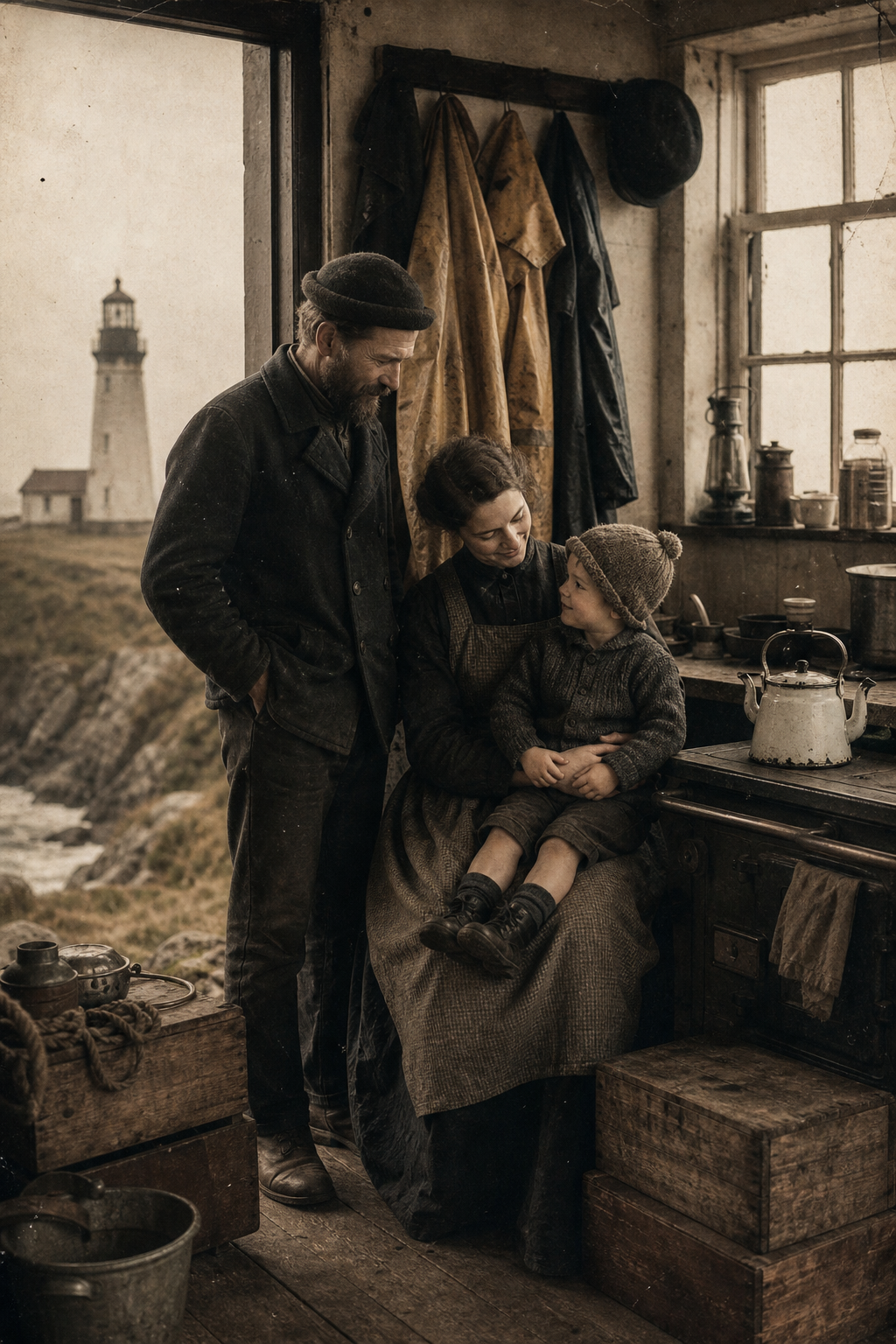 Archival family portrait near an isolated lighthouse kitchen doorway with oil coats, wooden crates, and muted coastal light