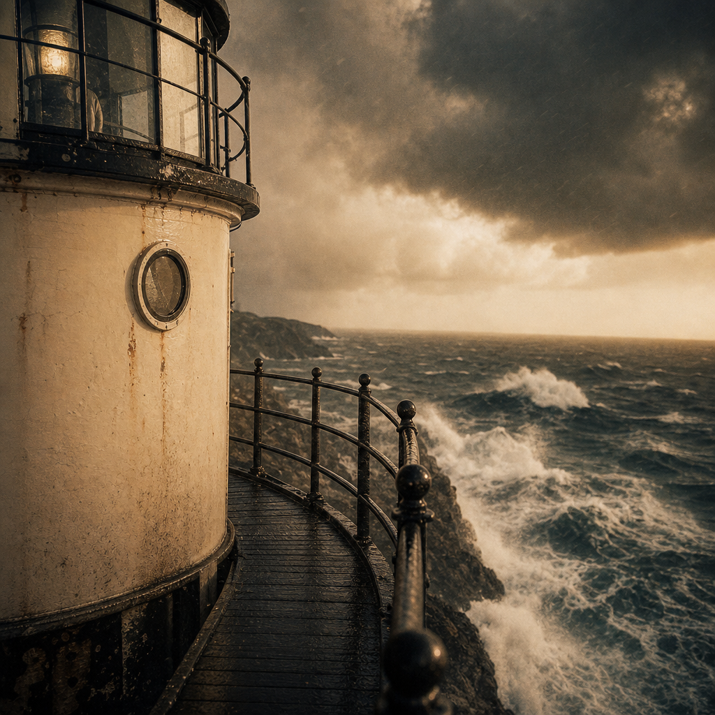 A narrow keeper walkway in harsh weather with windblown spray and dark coastal clouds