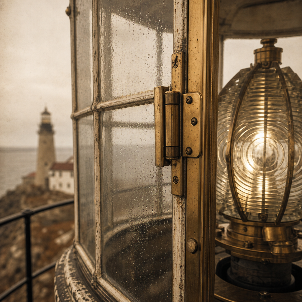 Close detail of lantern room glass panes and polished brass fittings catching muted light
