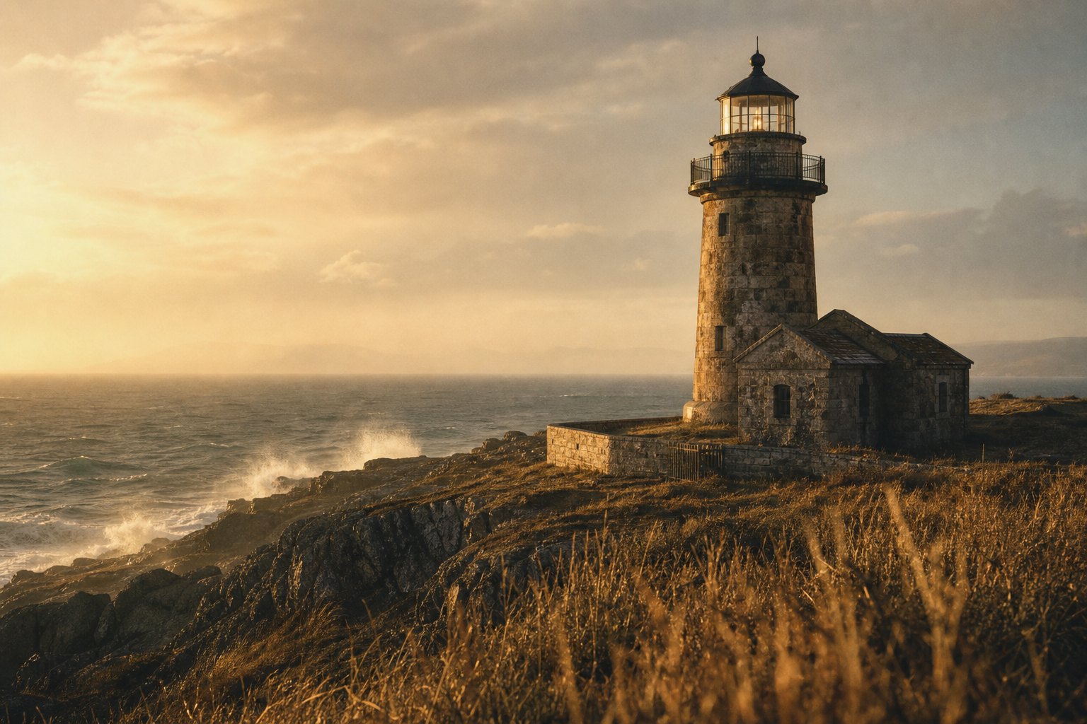 Weathered stone lighthouse on a windswept northern headland at golden low light, with sea spray, soft haze, and archival film-grain atmosphere