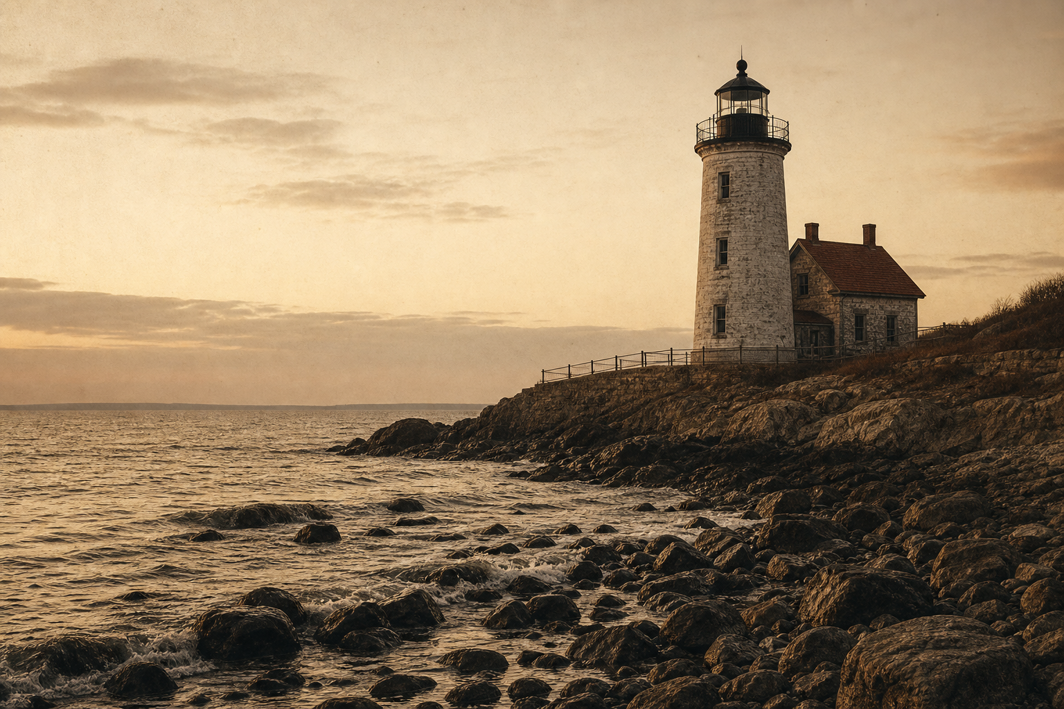 Preserved lighthouse tower viewed from the shoreline with wet stones and a calm horizon