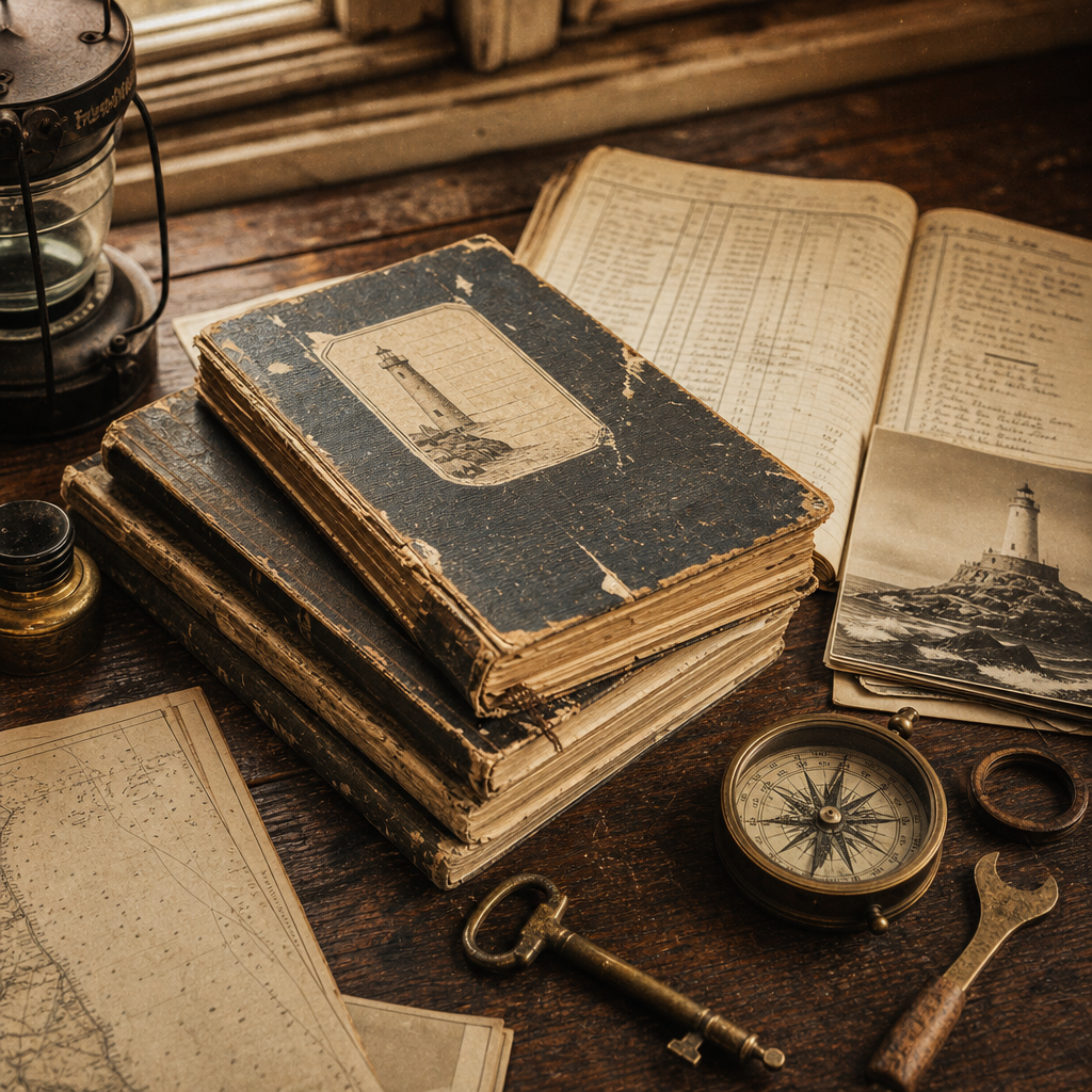 Worn interior logbooks, brass instruments, and weathered equipment laid across an old wooden desk