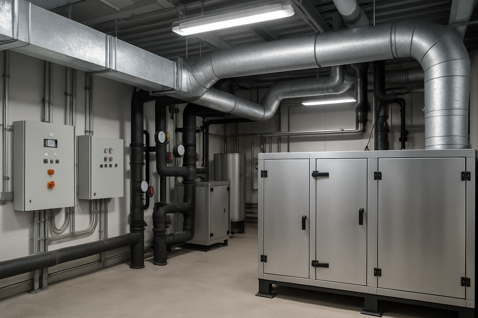 Commercial HVAC mechanical room with large ventilation ducts, rooftop unit controls, and stainless equipment lines in an industrial facility
