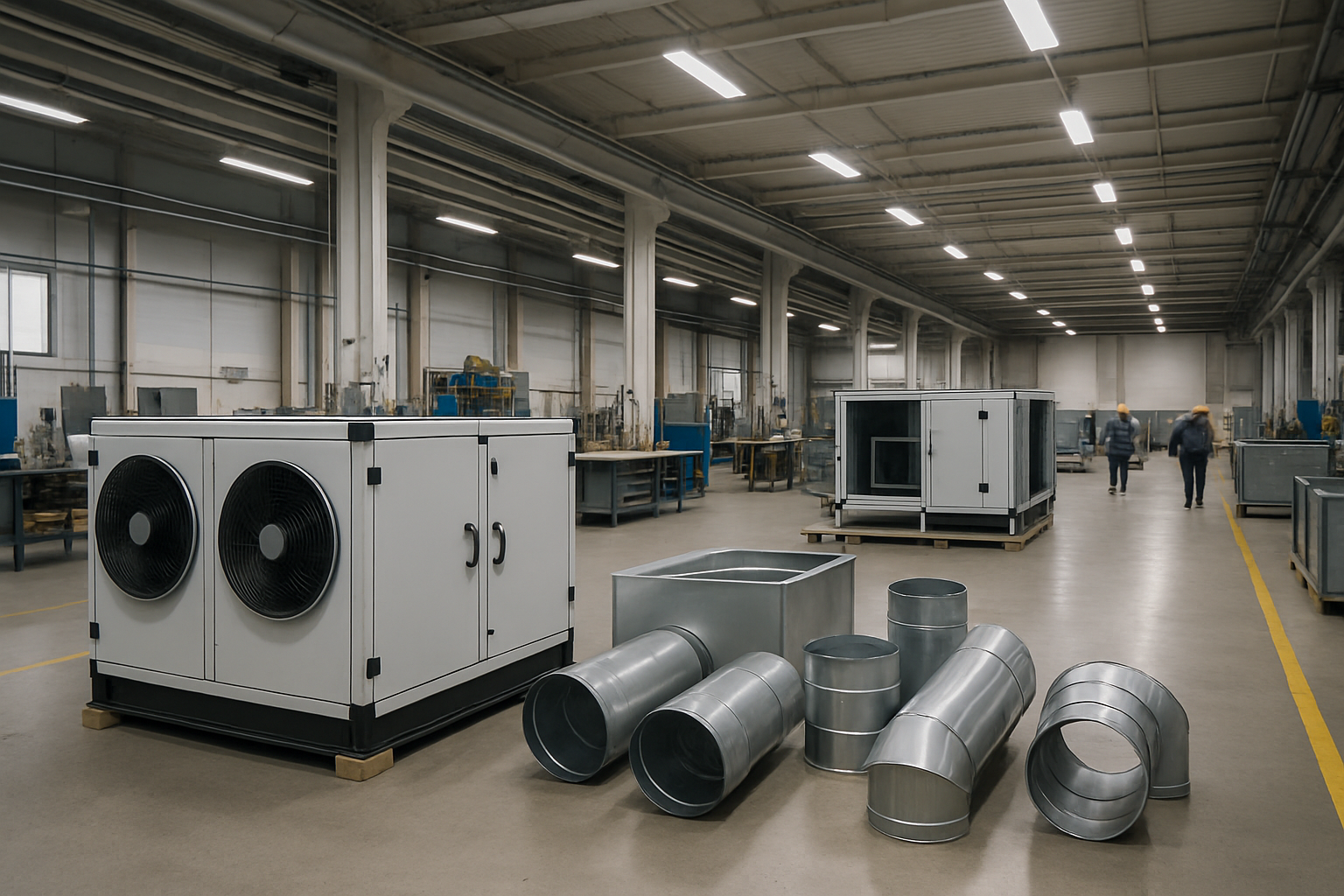 Commercial HVAC equipment line inside a clean industrial manufacturing workspace