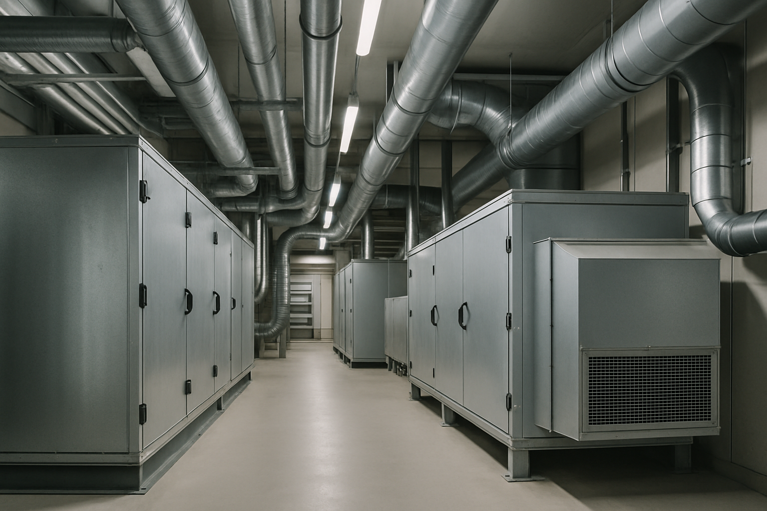 Large commercial HVAC and ventilation equipment installed in a clean industrial facility aisle