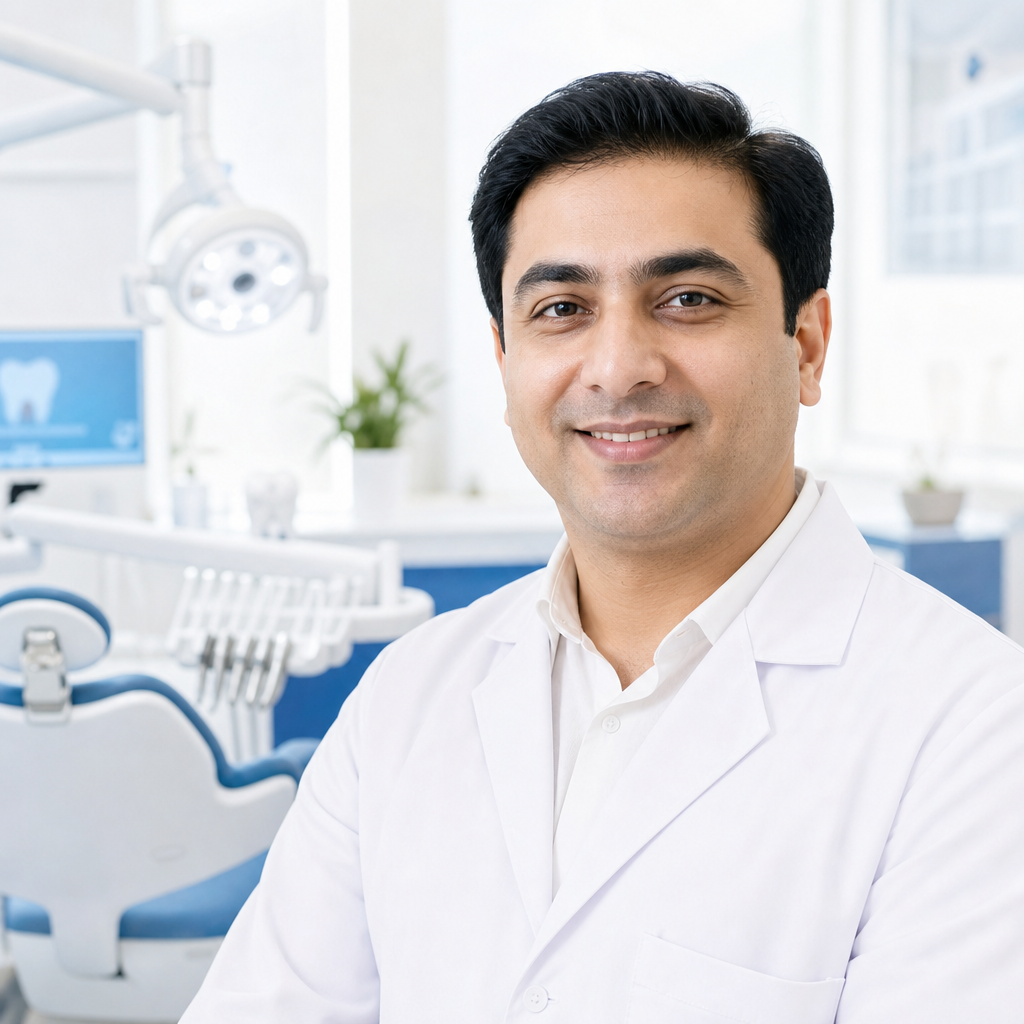 Dr. Anis wearing a crisp white clinical coat, smiling warmly against a clean premium dental clinic backdrop