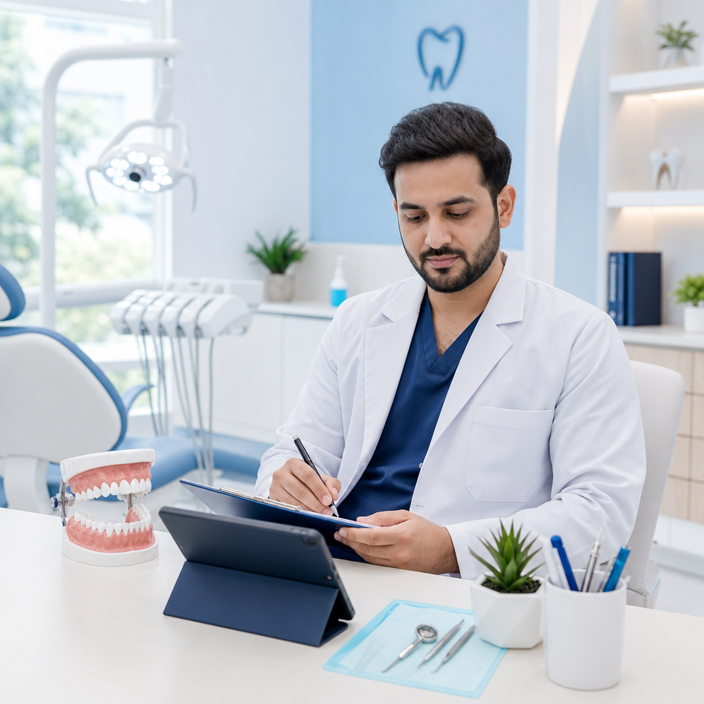 Warm, modern dental education scene with a dentist reviewing oral health notes beside a patient model in a bright clinic