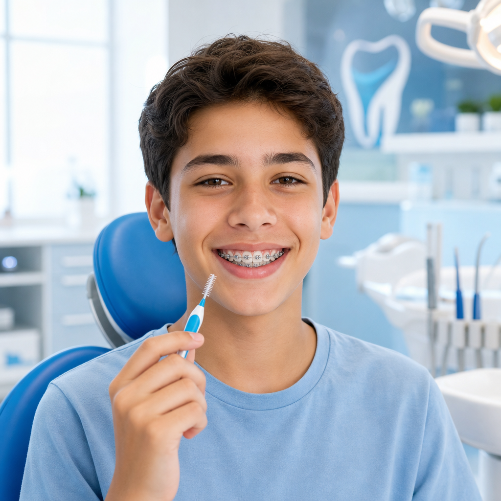 Teen with braces smiling while holding an interdental brush