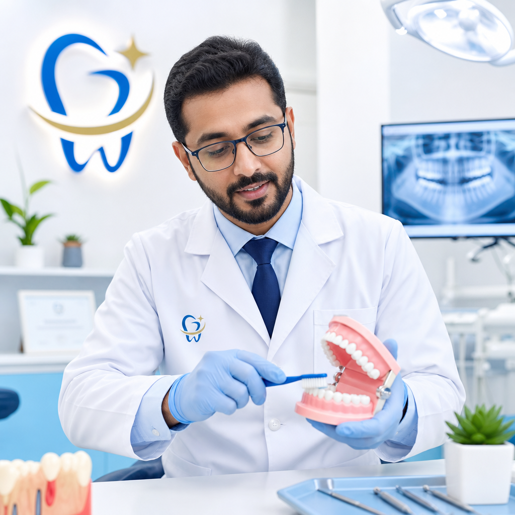 Dentist demonstrating proper brushing angle on a patient model with a soft-bristle toothbrush