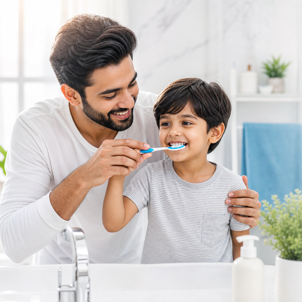 Parent helping a young child brush teeth in a bright bathroom