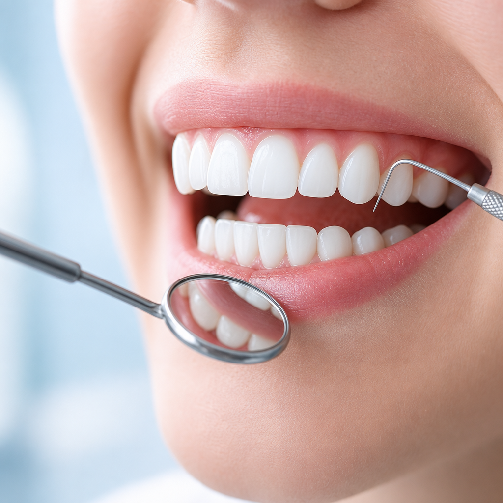 Close-up of healthy pink gums and teeth with a dental mirror and probe