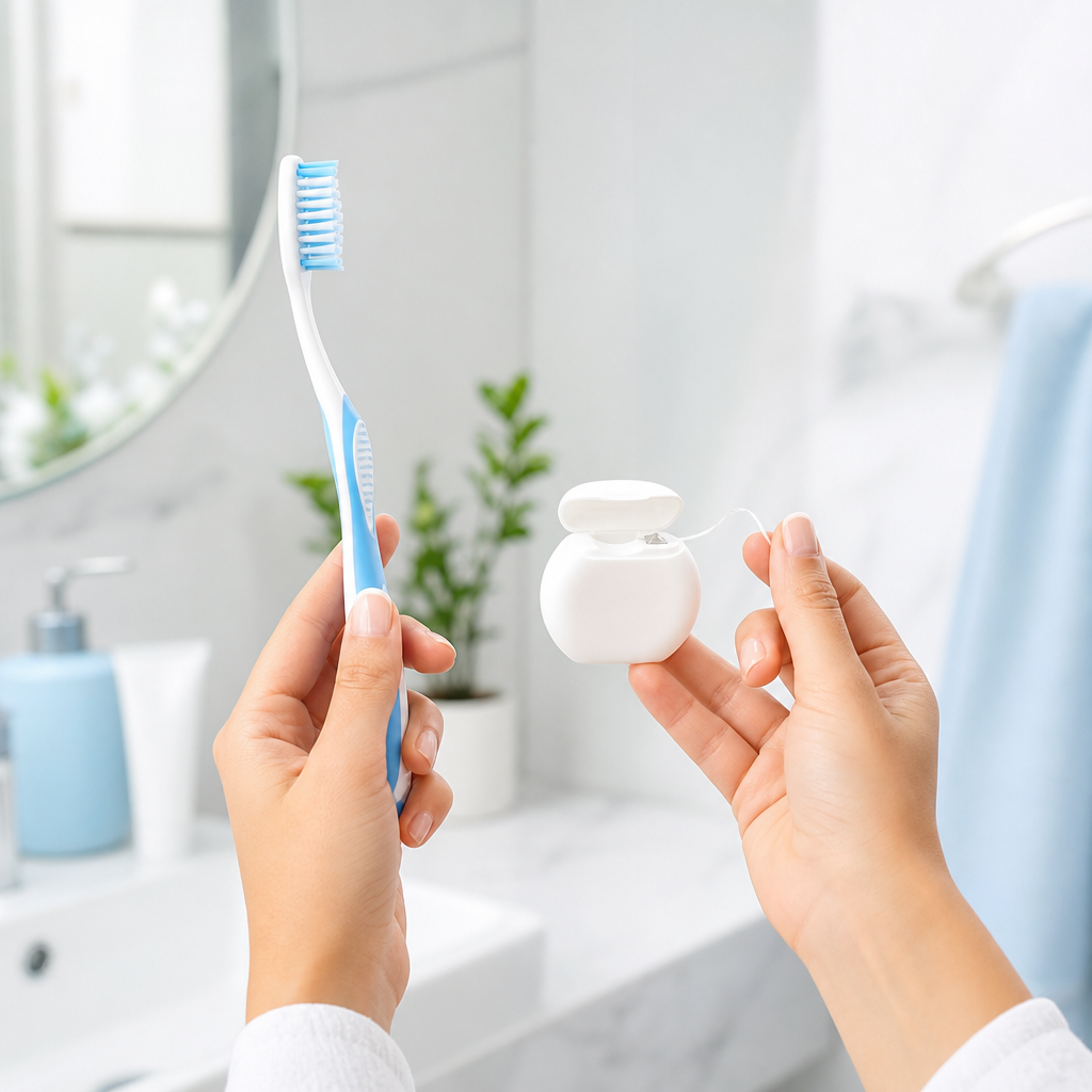 Patient holding a soft-bristled toothbrush and floss in a bright, clean dental bathroom