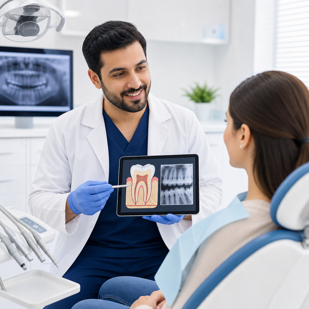 Dentist reviewing a tooth illustration and x-ray with patient in a modern clinic