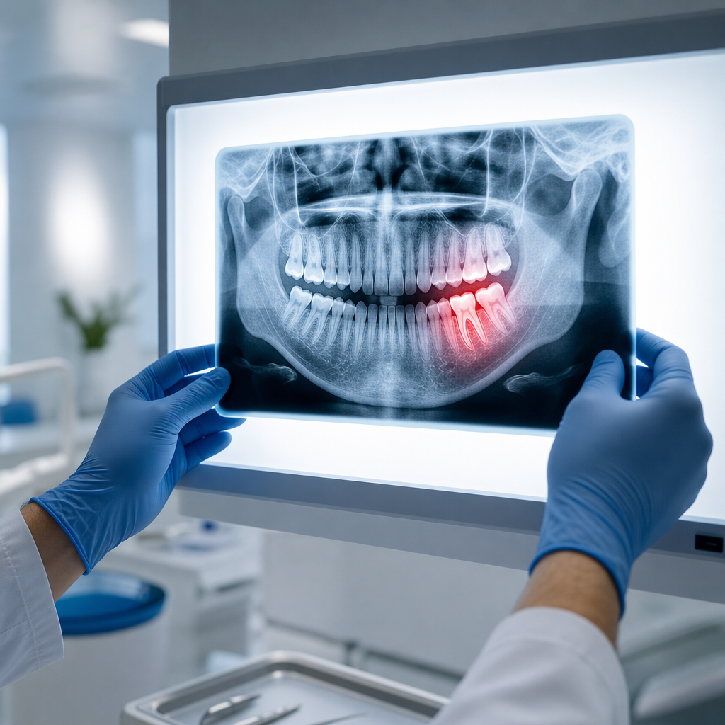 Dental X-ray on a lightbox highlighting an inflamed molar root area