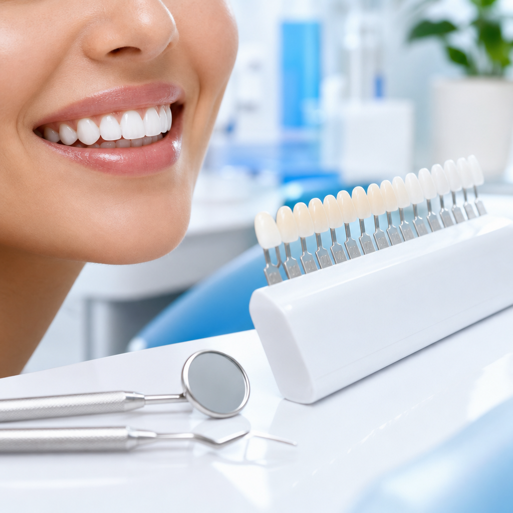 Bright smile with a whitening shade guide and professional dental tools on a clean counter
