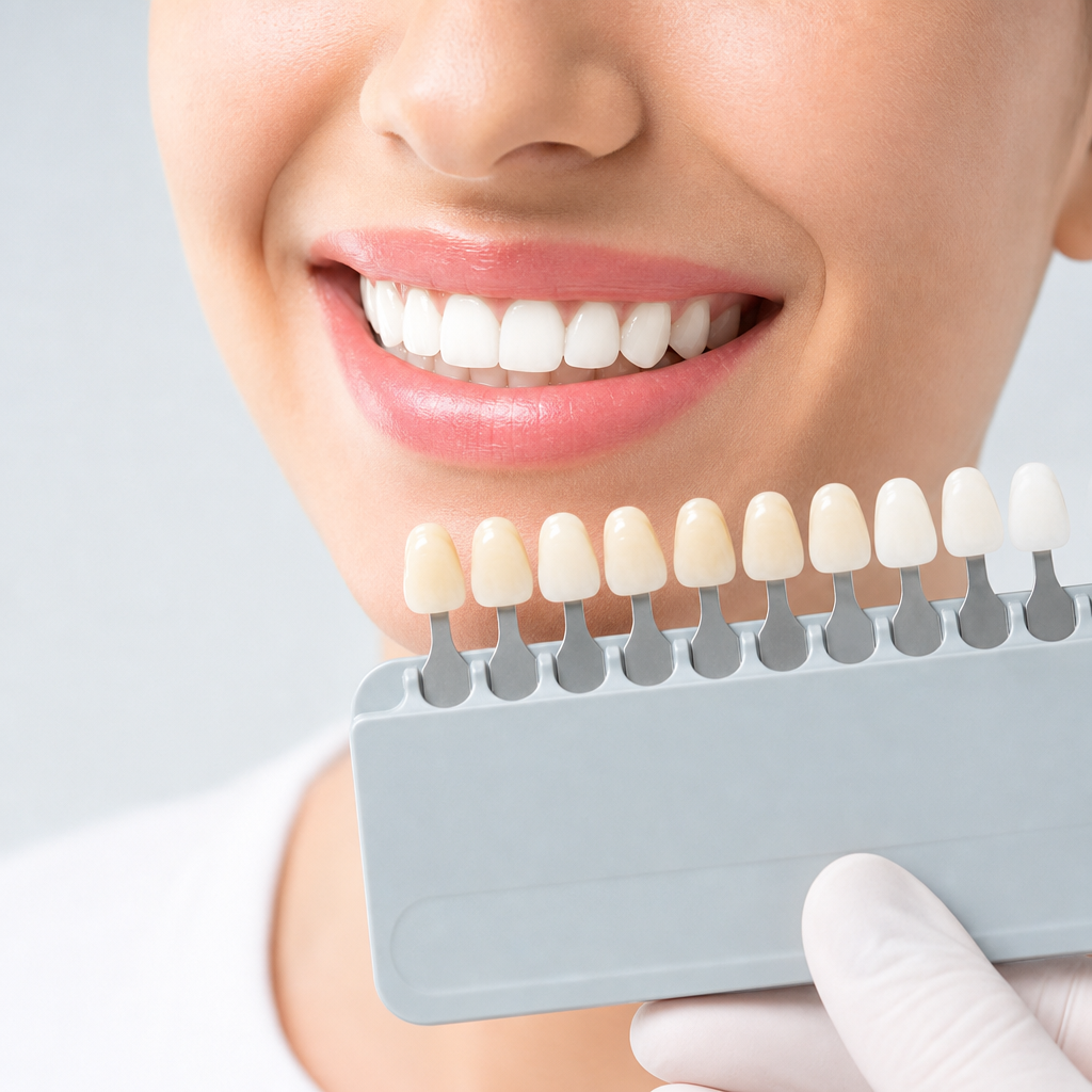 Bright white smile with a shade guide palette and gentle studio lighting