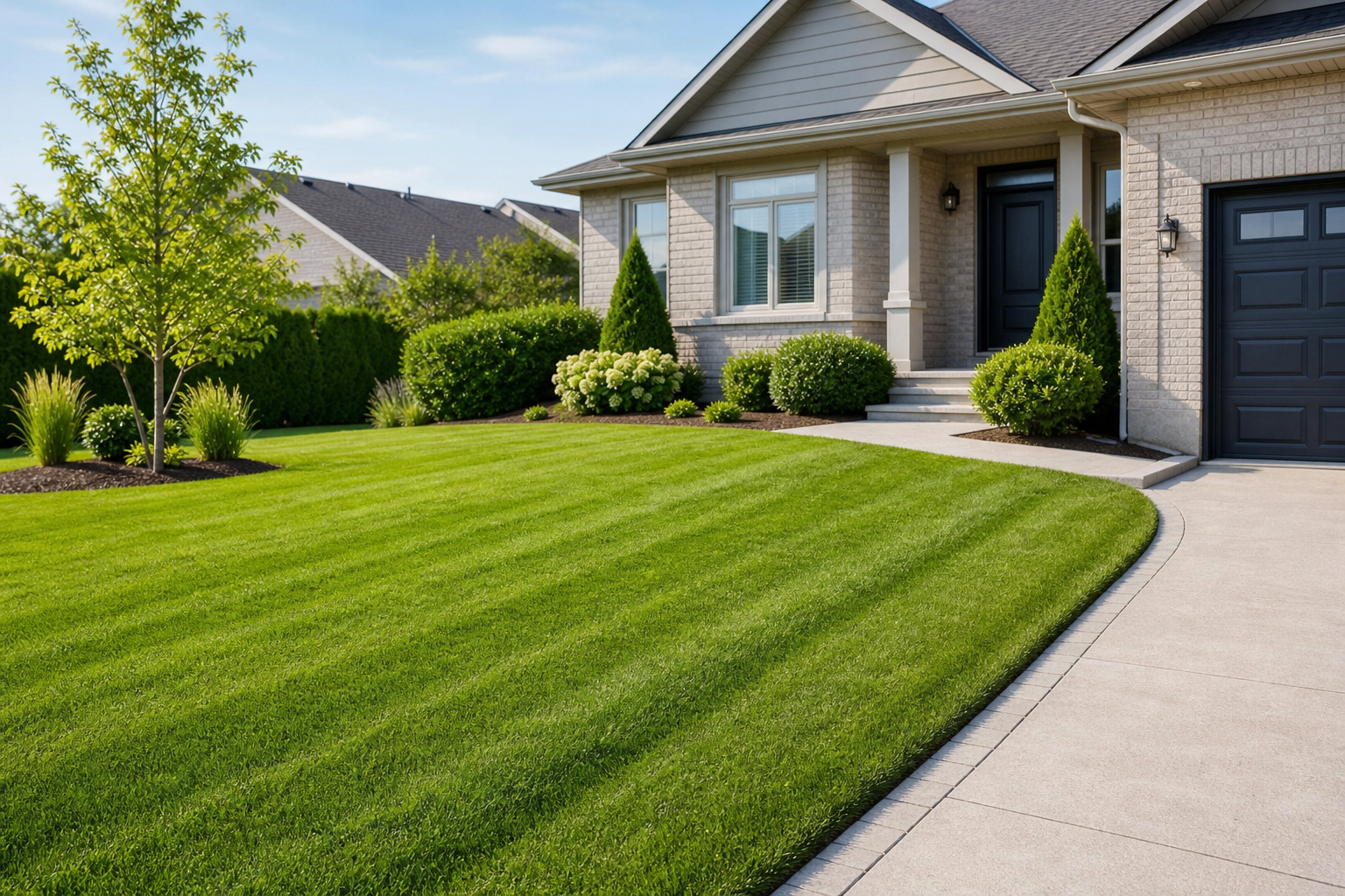 Daytime photo of a neat residential lawn in a Laval neighborhood, freshly cut with a clean driveway and tidy shrubs