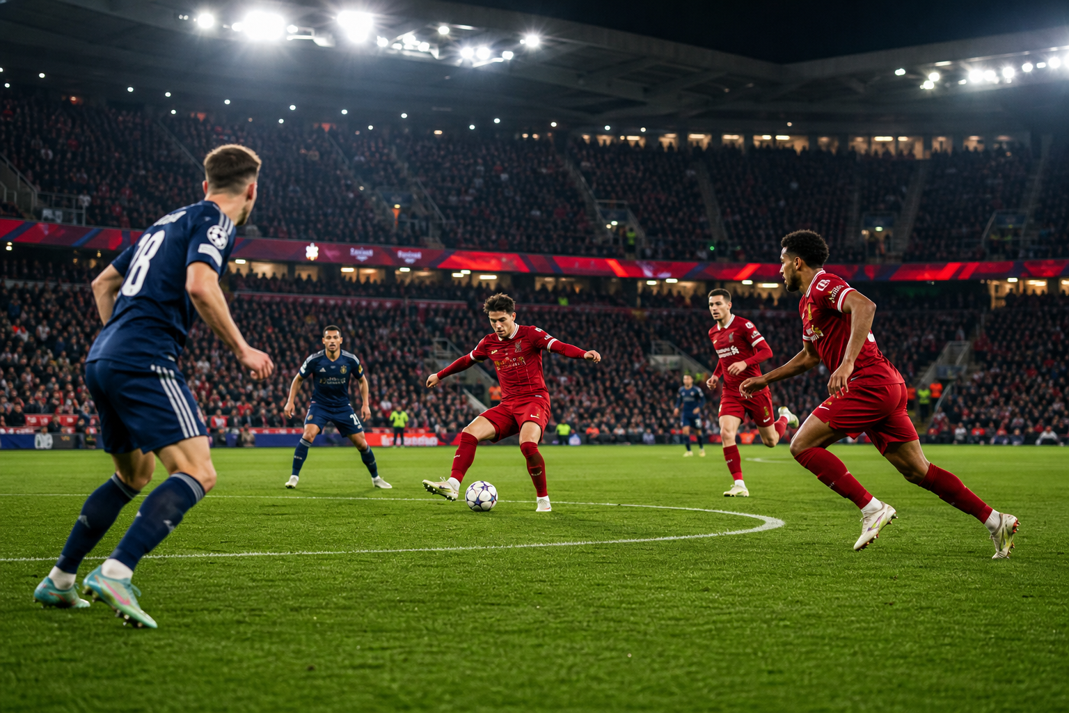 Floodlit football stadium during an intense professional match, a red-shirt midfielder intercepting a pass at the center circle while teammates break forward, dramatic crowd in the background
