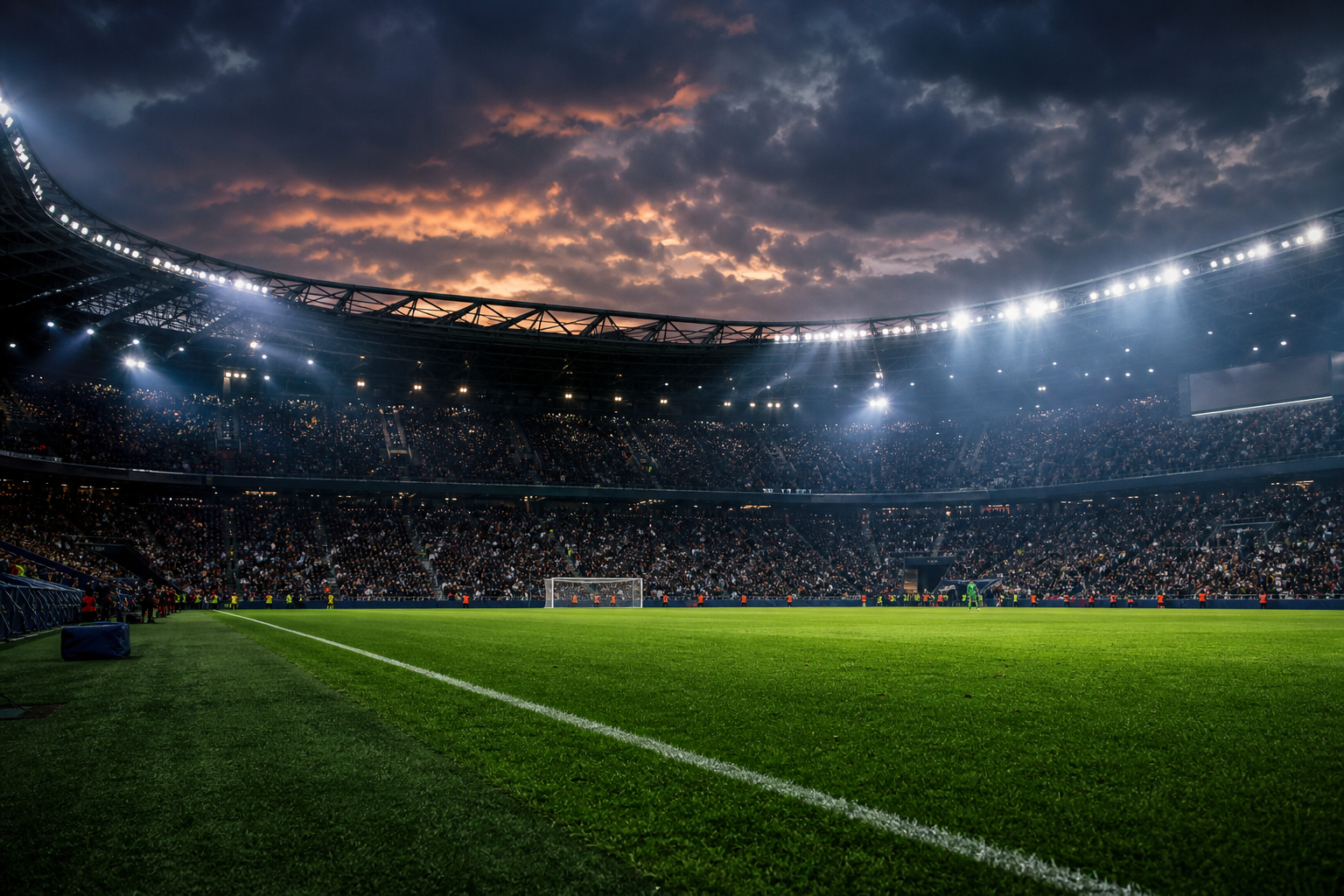 Dramatic football stadium under floodlights with pitch-side perspective and editorial sports atmosphere
