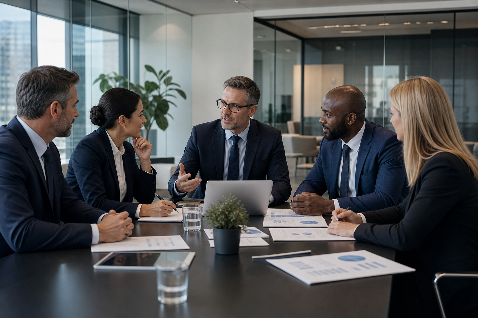 Senior business professionals in a modern meeting room collaborating over documents and a laptop