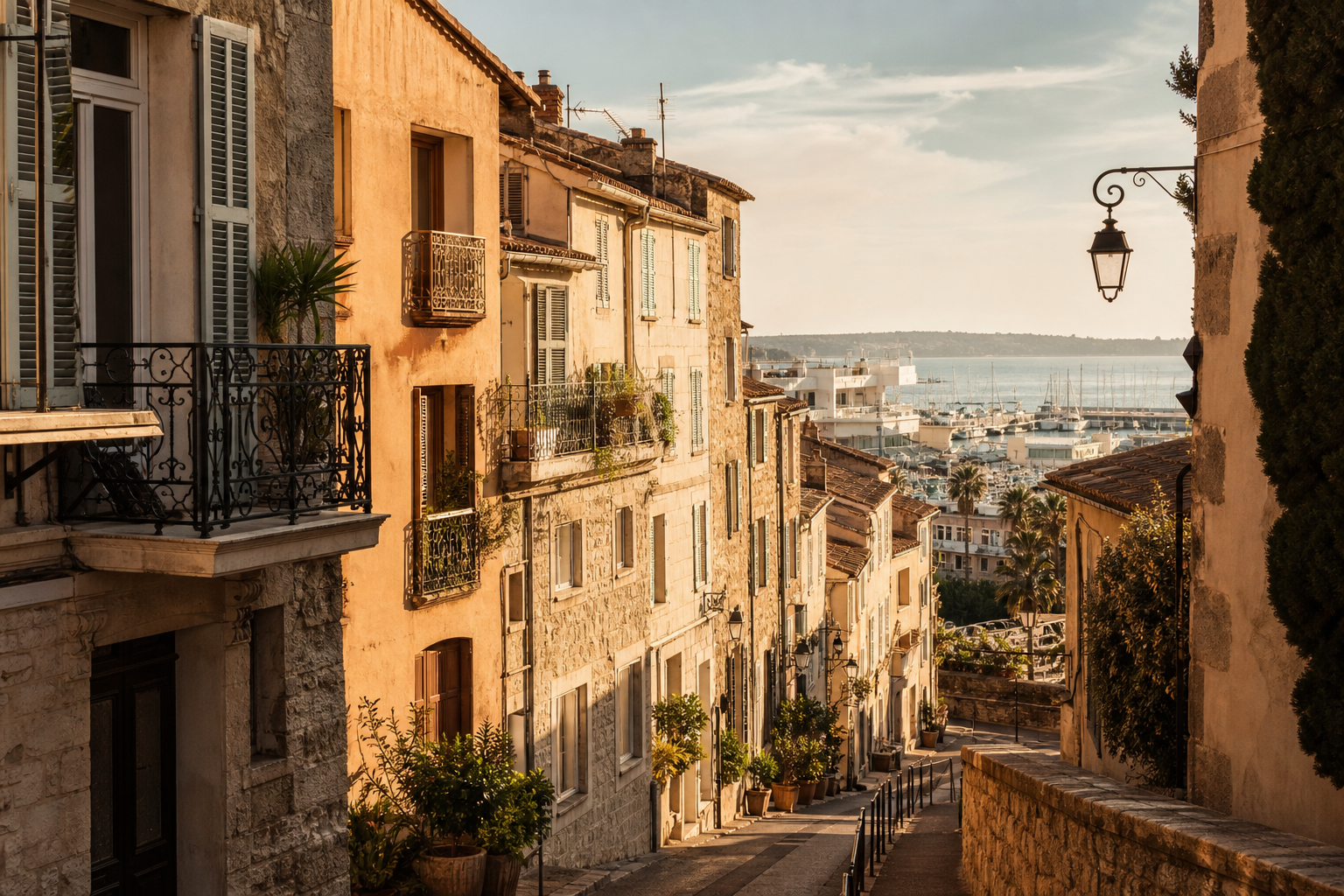 Cinematic view of historic Mediterranean townhouses in Le Suquet, Cannes, with warm stone facades, narrow street perspective, and a distant glimpse of harbour light