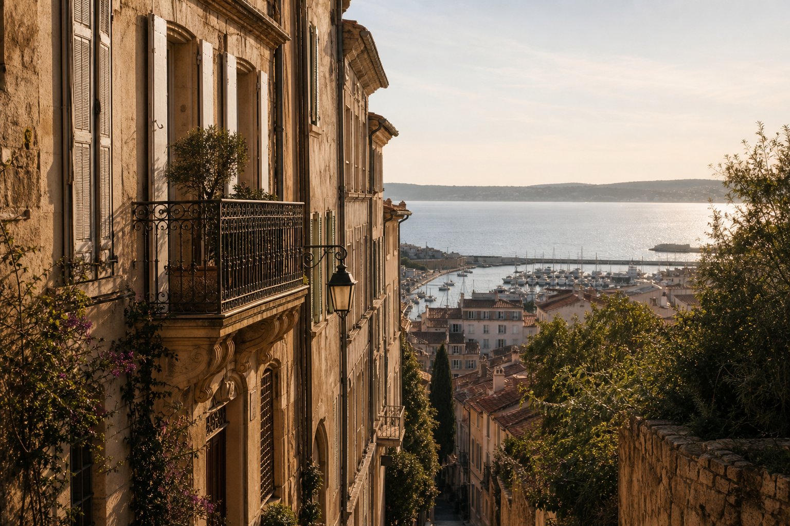 Cinematic view of historic Mediterranean townhouses in Le Suquet, Cannes, with warm stone facades, narrow street perspective, and a distant glimpse of harbour light