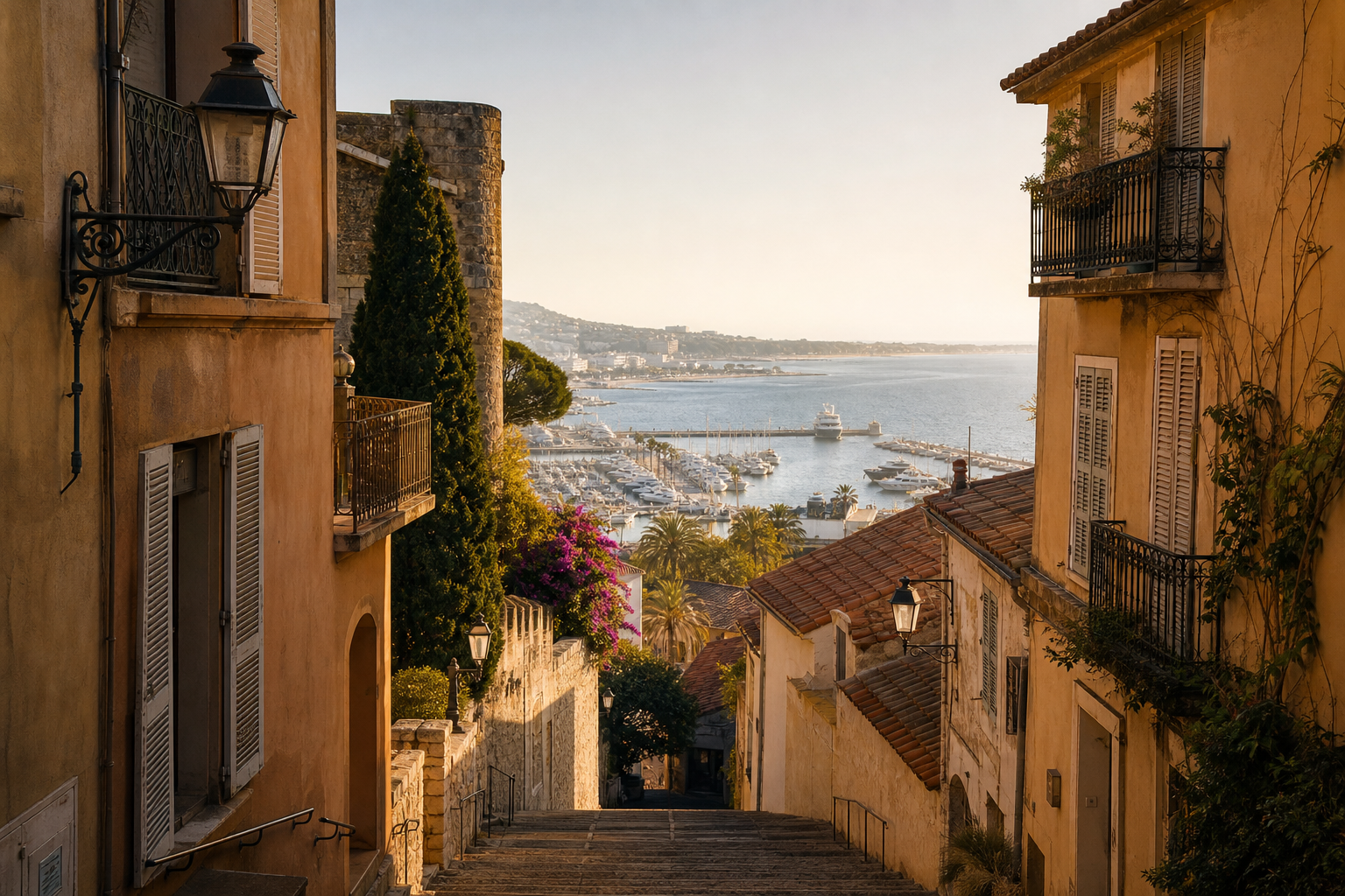 Le Suquet hillside street with ochre façades overlooking Cannes old port and bay in warm Mediterranean light