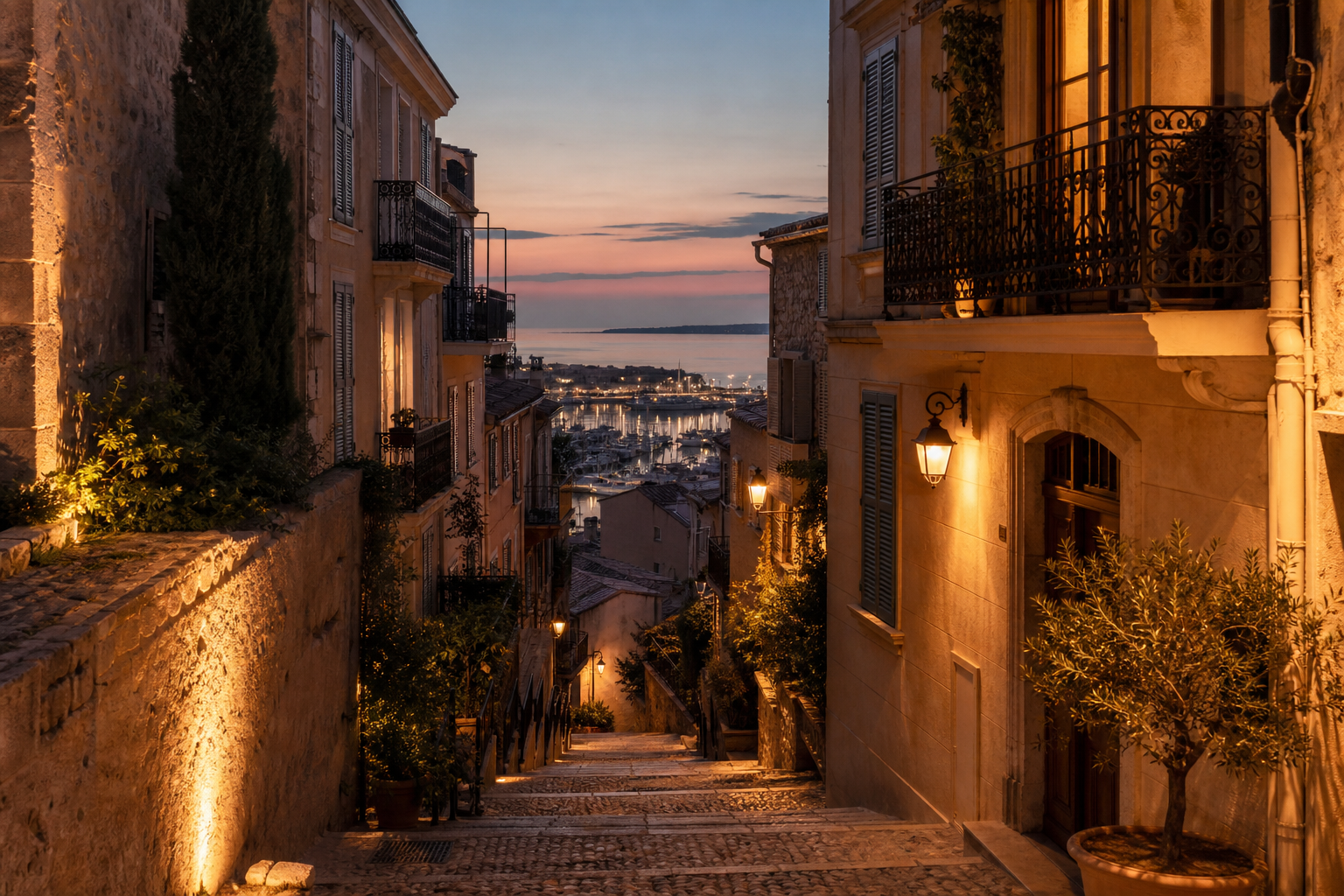 Twilight view of Le Suquet with warm stone facades, narrow old-town lanes, and a glimpse toward Cannes harbour
