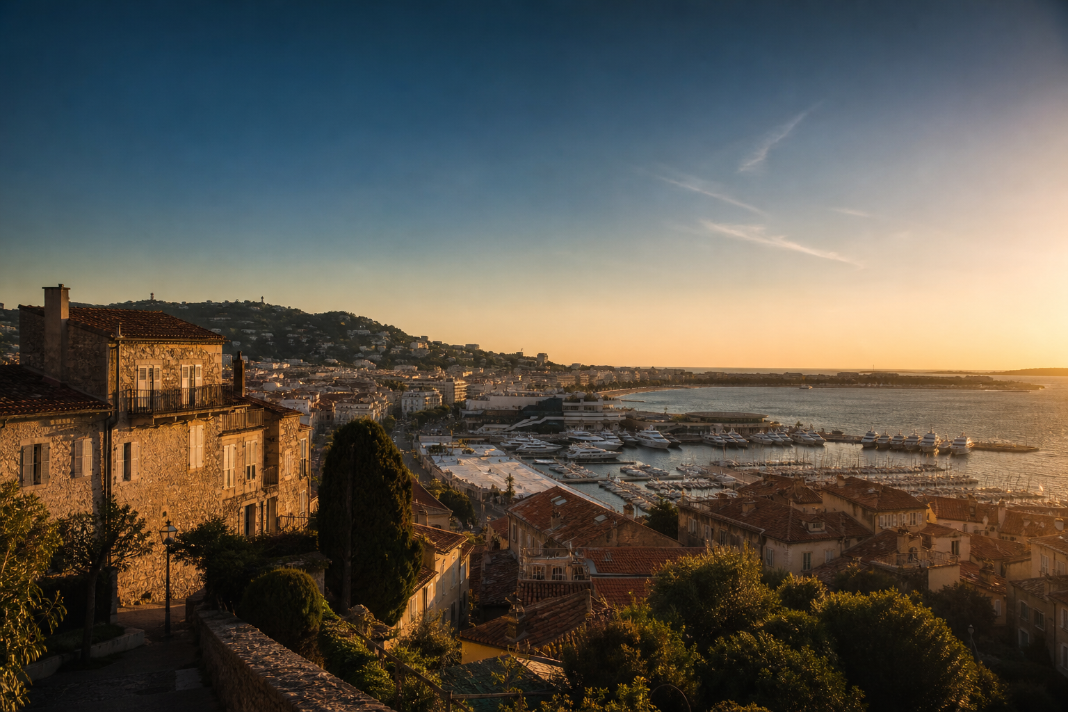 Cinematic harbour view of Cannes and Le Suquet at golden hour, with historic rooftops, sea horizon, and warm Mediterranean light