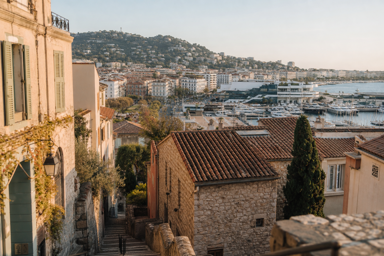 Elevated view across Le Suquet rooftops toward Cannes harbour and the waterfront