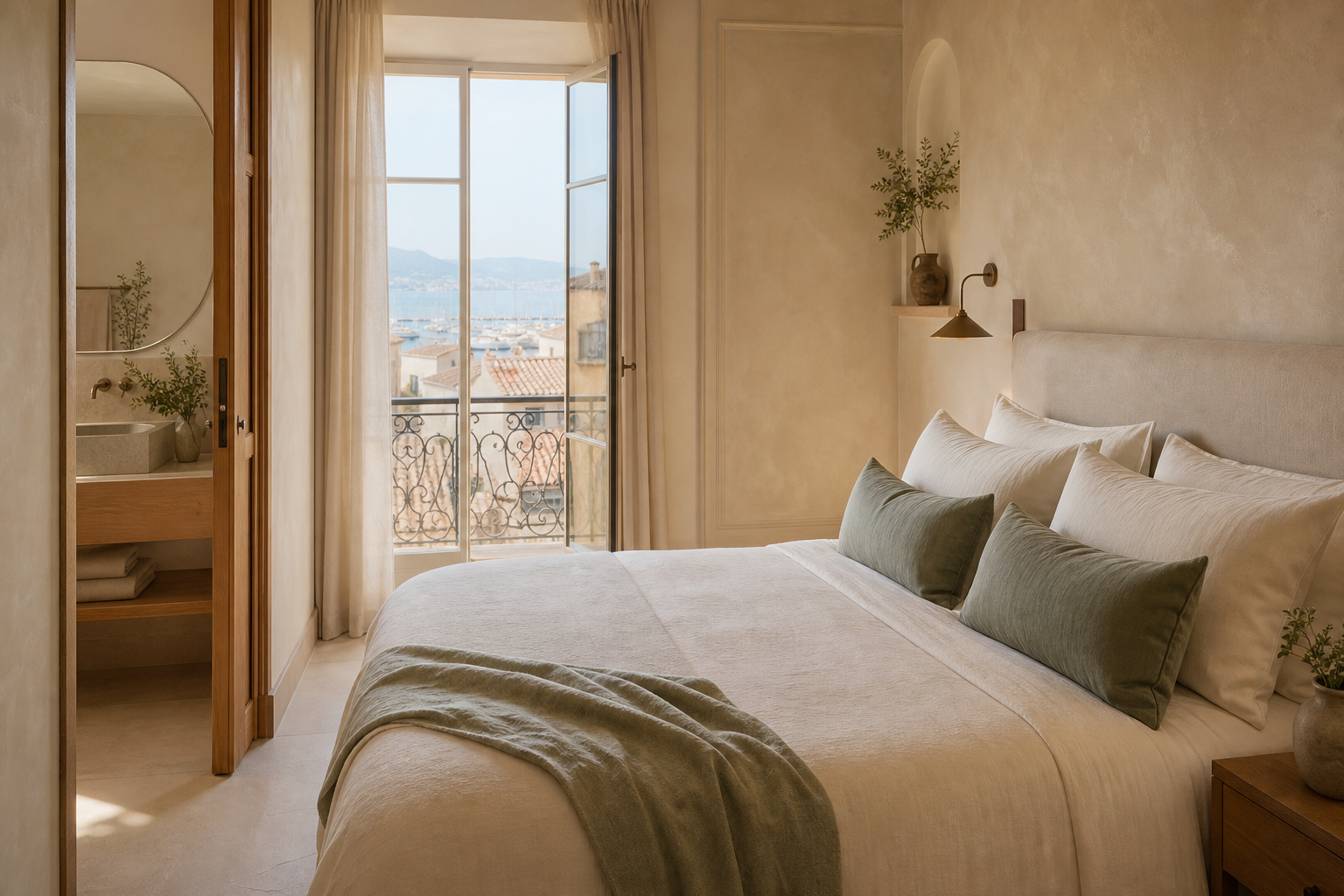 Calm ensuite bedroom with soft ivory linens, textured walls, and understated Mediterranean styling
