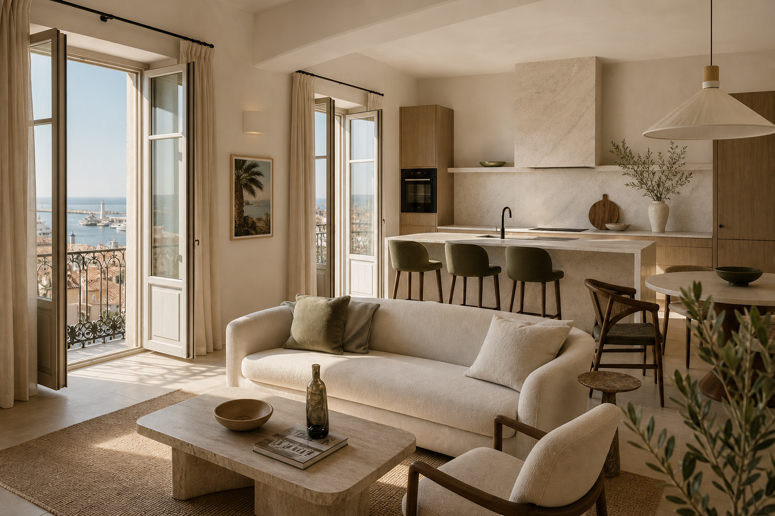 Top-floor living and kitchen area with balcony light, natural stone tones, and harbour-facing ambiance