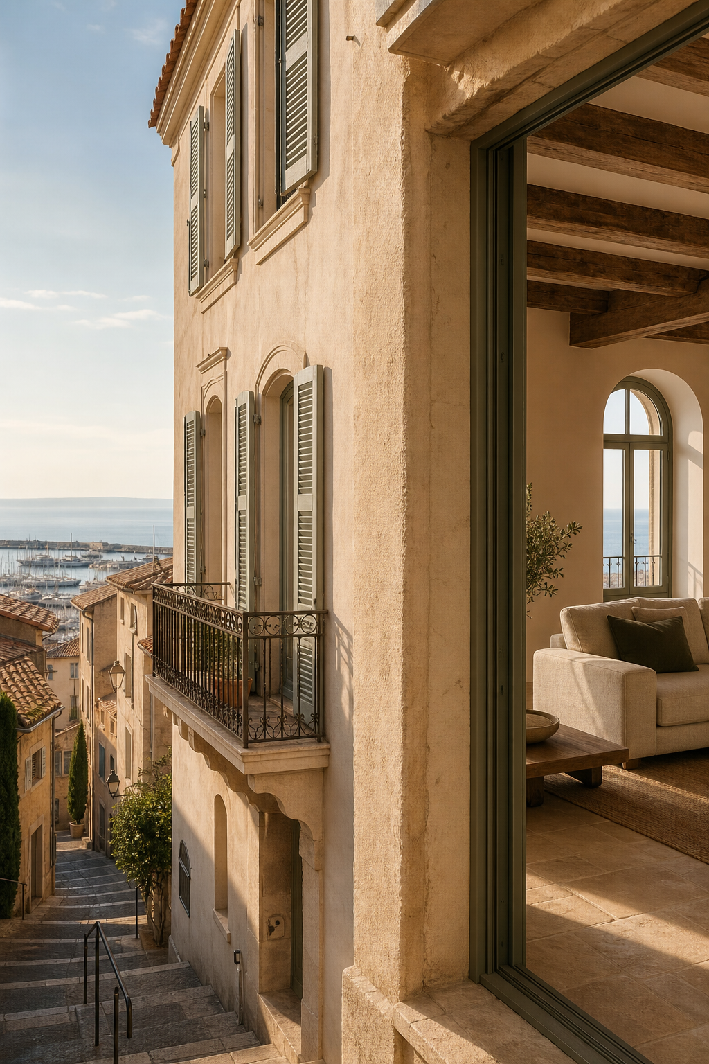 Architectural view of a historic four-storey townhouse in Le Suquet with Mediterranean textures and refined interiors