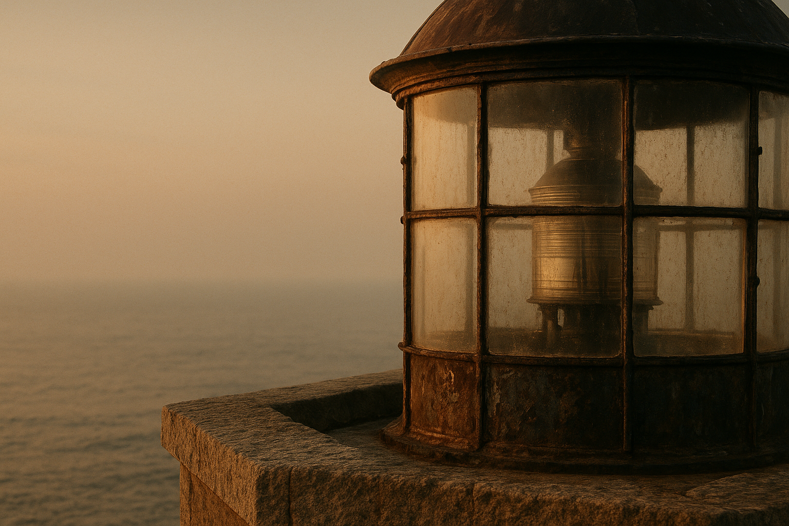 Archival-style close coastal view of a weathered lighthouse lantern and stone parapet at dusk