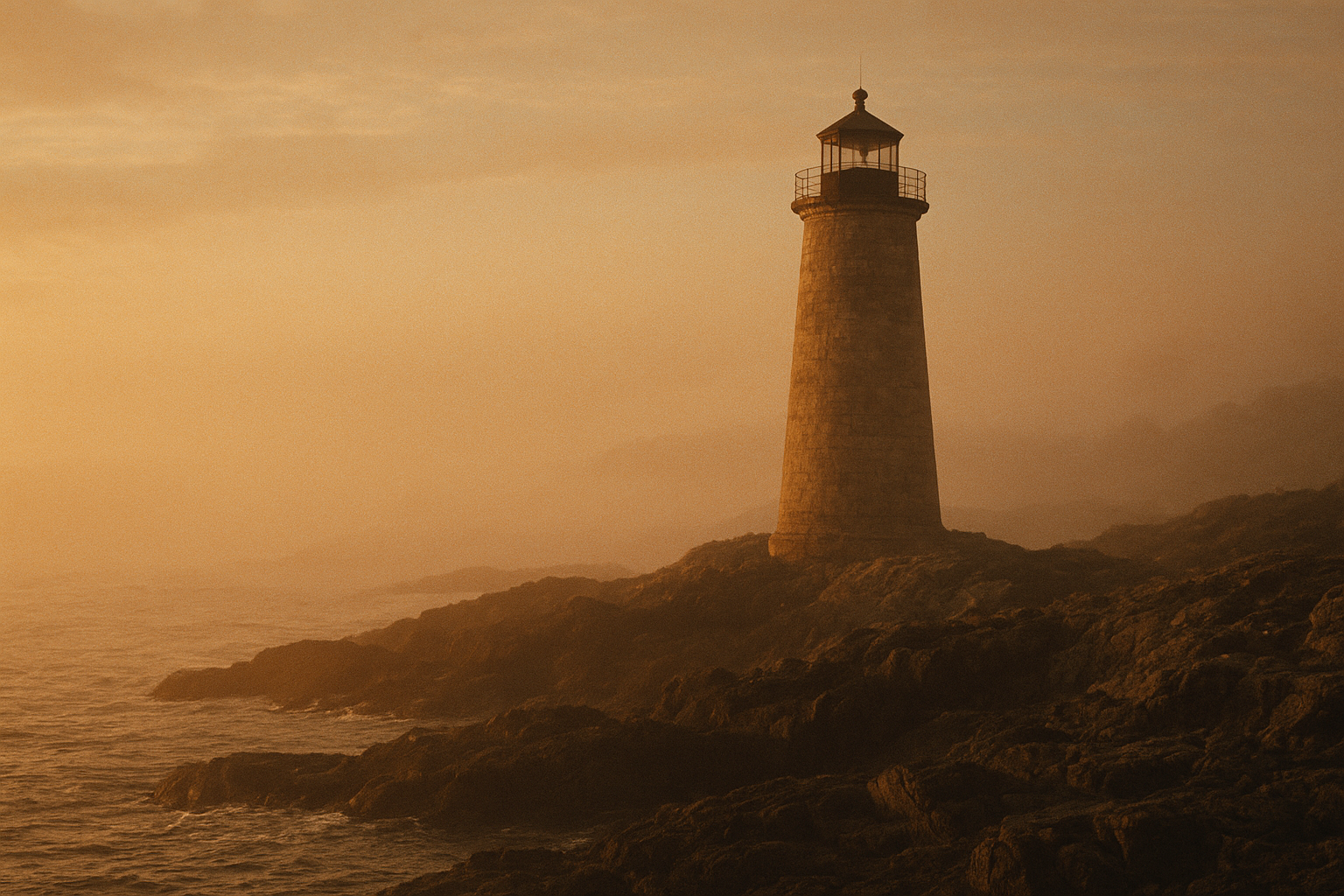 Weathered stone lighthouse on a rugged northern coastline in warm late-day film light, with sea mist, textured rocks, and archival photographic mood
