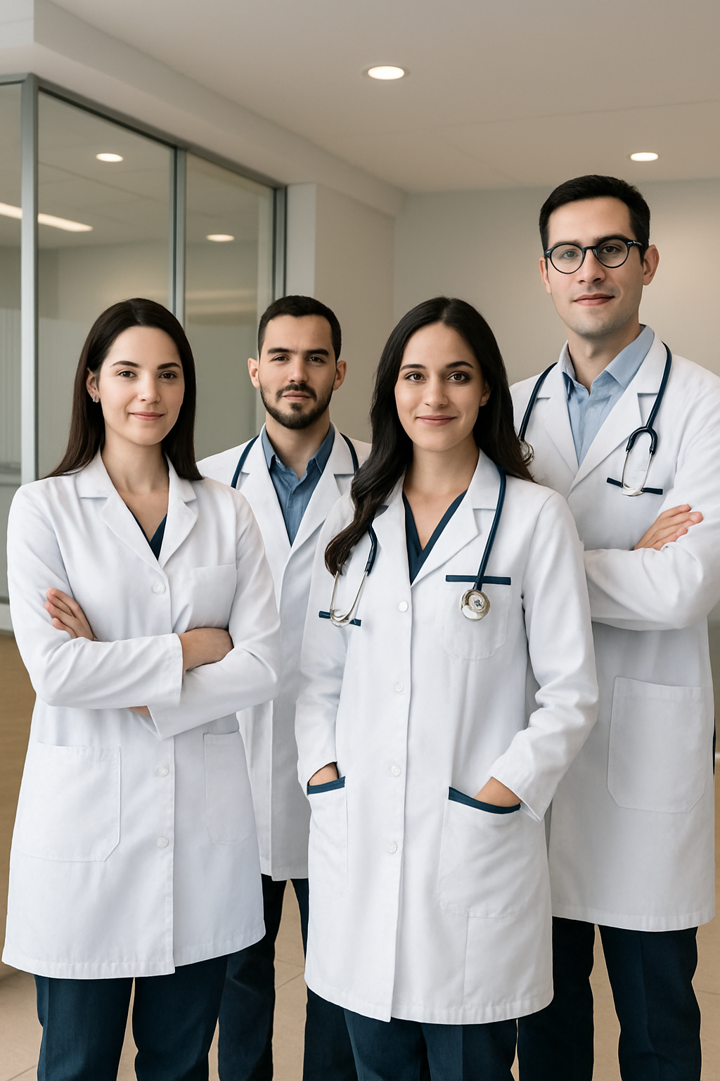 Equipe veterinária brasileira com postura corporativa em ambiente clínico moderno, vestindo jalecos impecáveis e apresentando expressão confiante