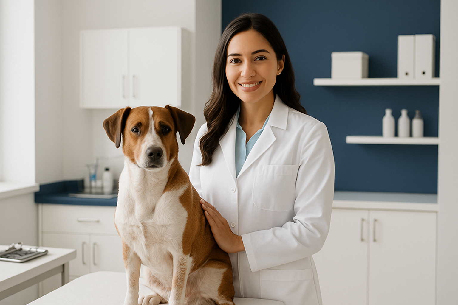 Veterinária brasileira em ambiente clínico moderno e organizado, usando jaleco branco e sorrindo ao lado de um cão de porte médio, em consultório limpo e sofisticado