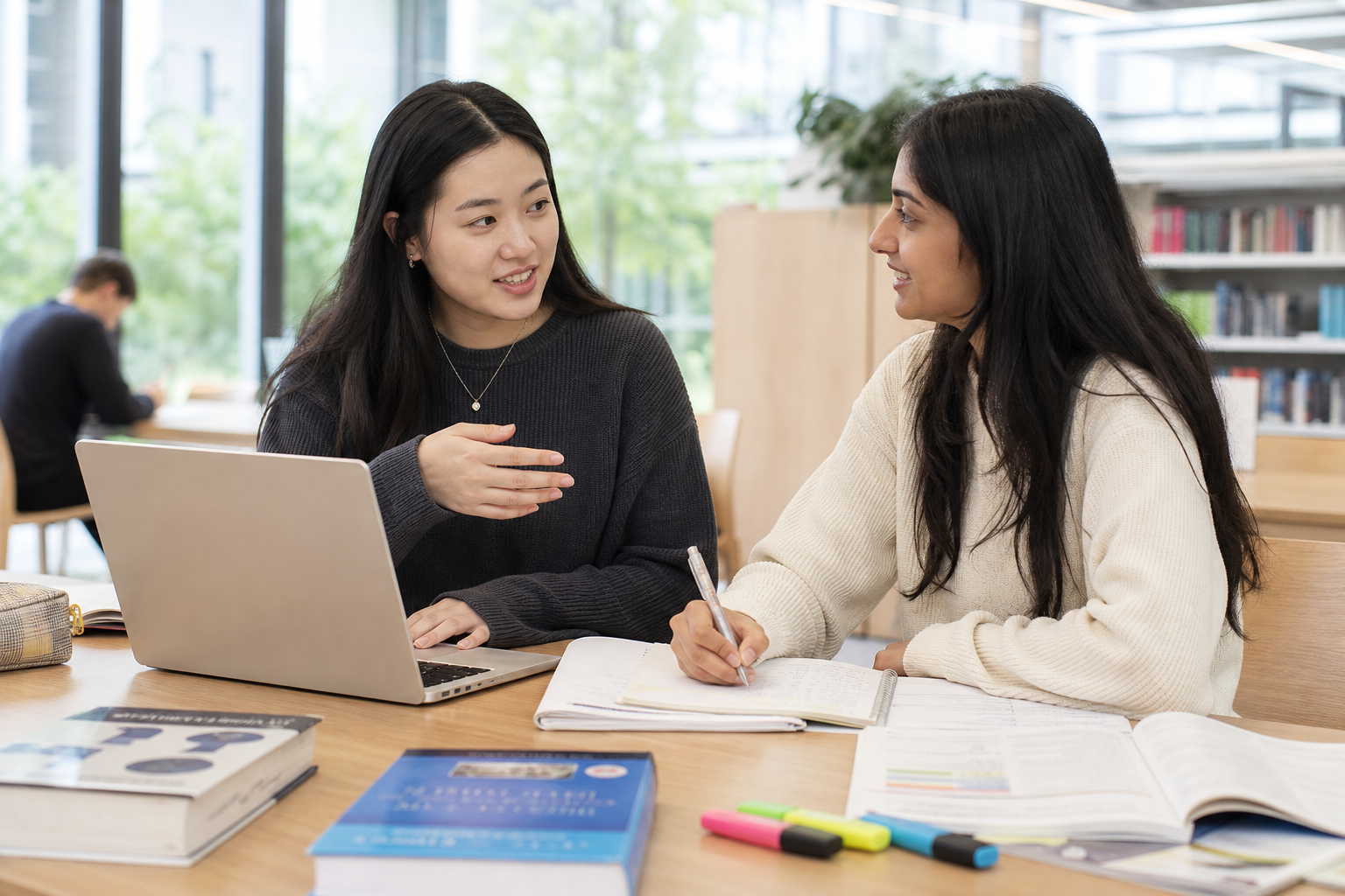 Two international students collaborating in a bright indoor study space with books, laptop, and handwritten English notes