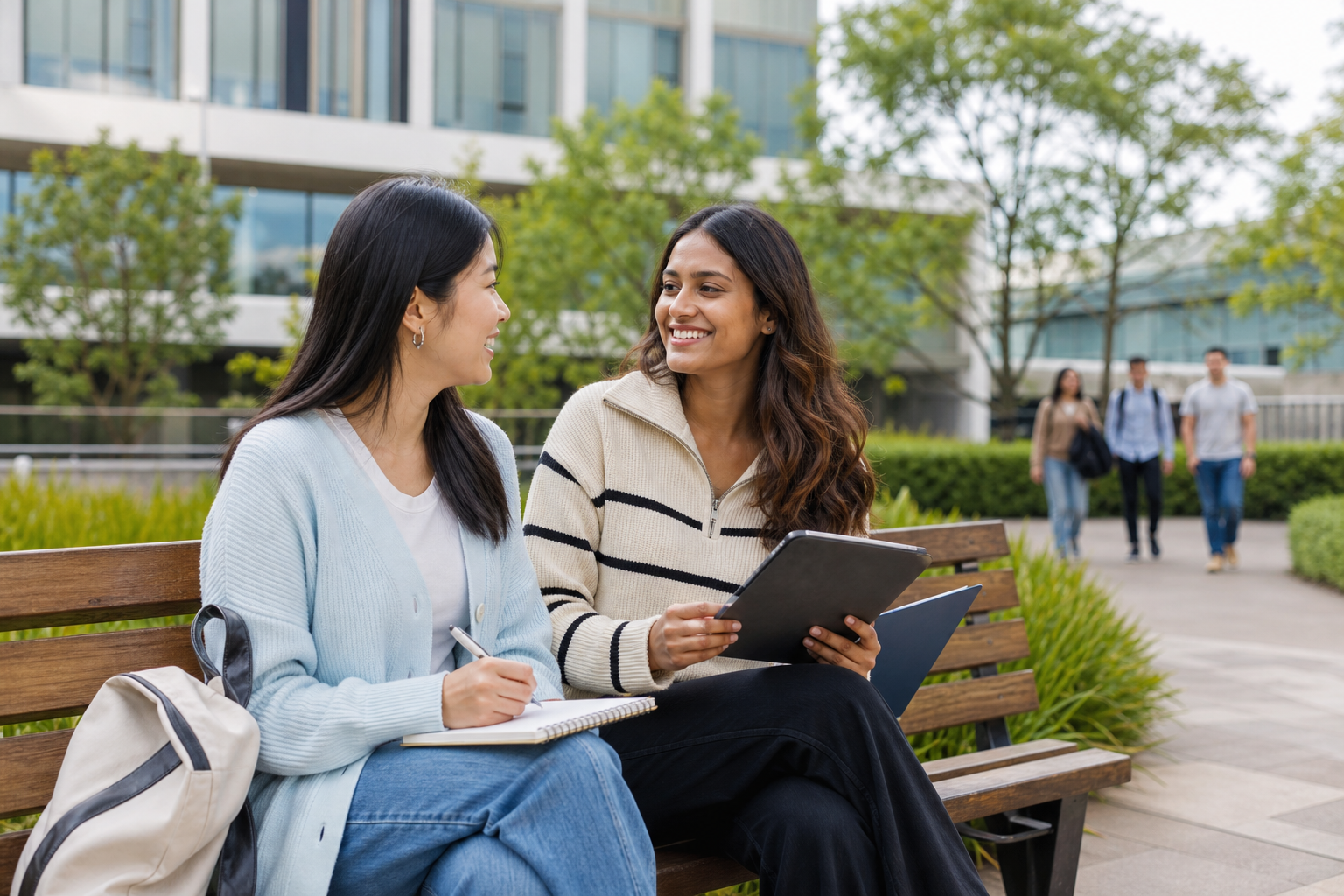 Two international students sitting together on a university campus, smiling and talking while holding notebooks, with modern academic buildings and greenery in the background.